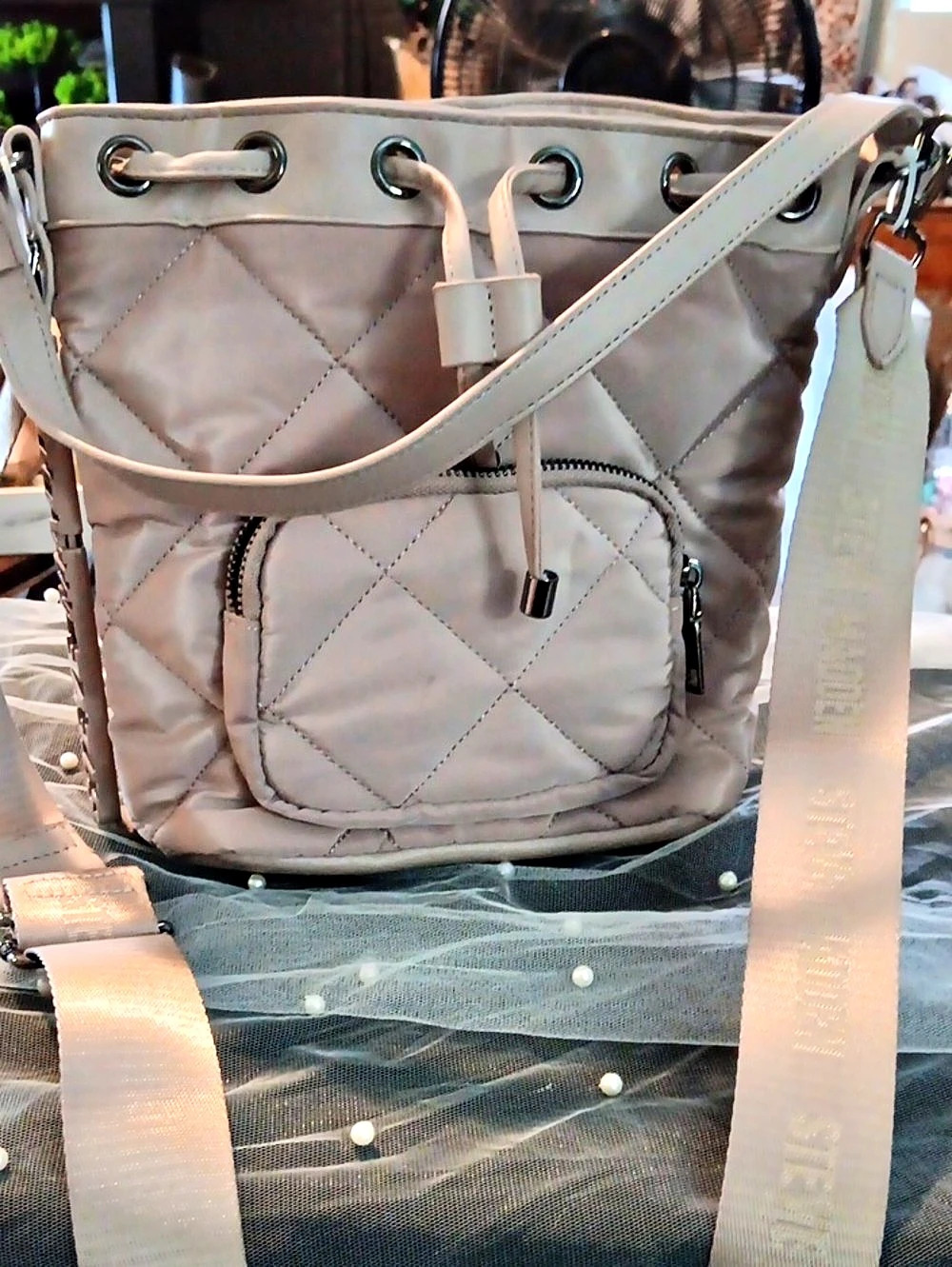 Steve Madden Quilted Bucket Shoulder Bag in Tan